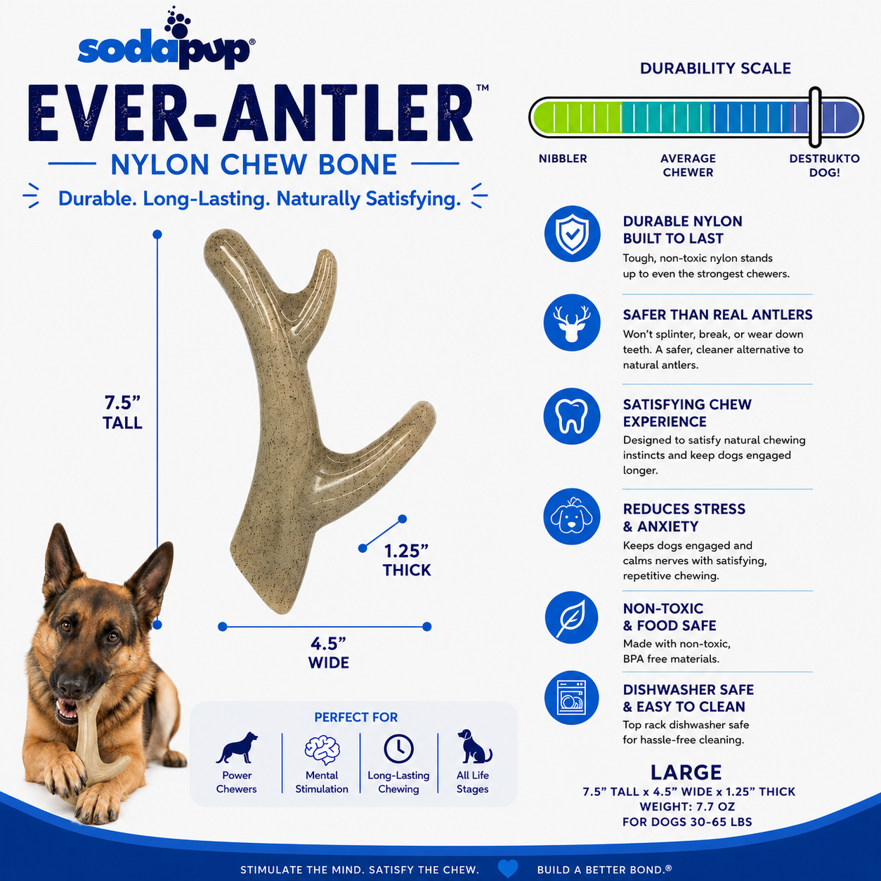 Ever Antler Nylon Chew Bone | Elk Antler Shaped Dog Toy for Aggressive Chewers | SodaPup - Elite Pet Collective