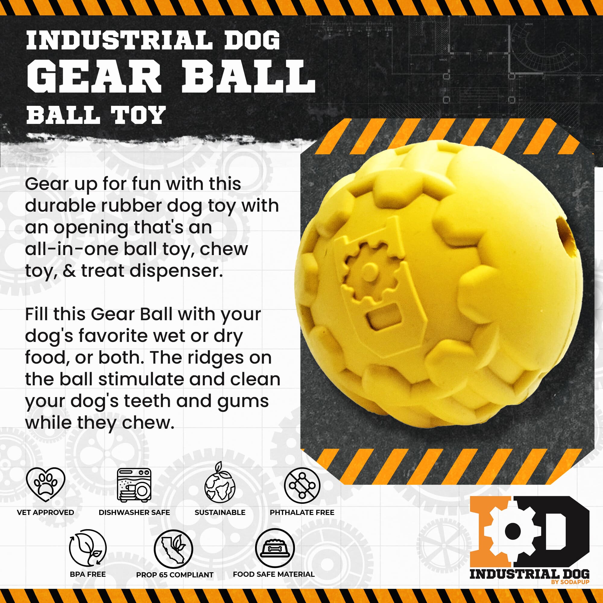 Industrial Dog Ball Rubber Chew Toy for Heavy Chewers | Yellow | USA Made | SodaPup - Elite Pet Collective