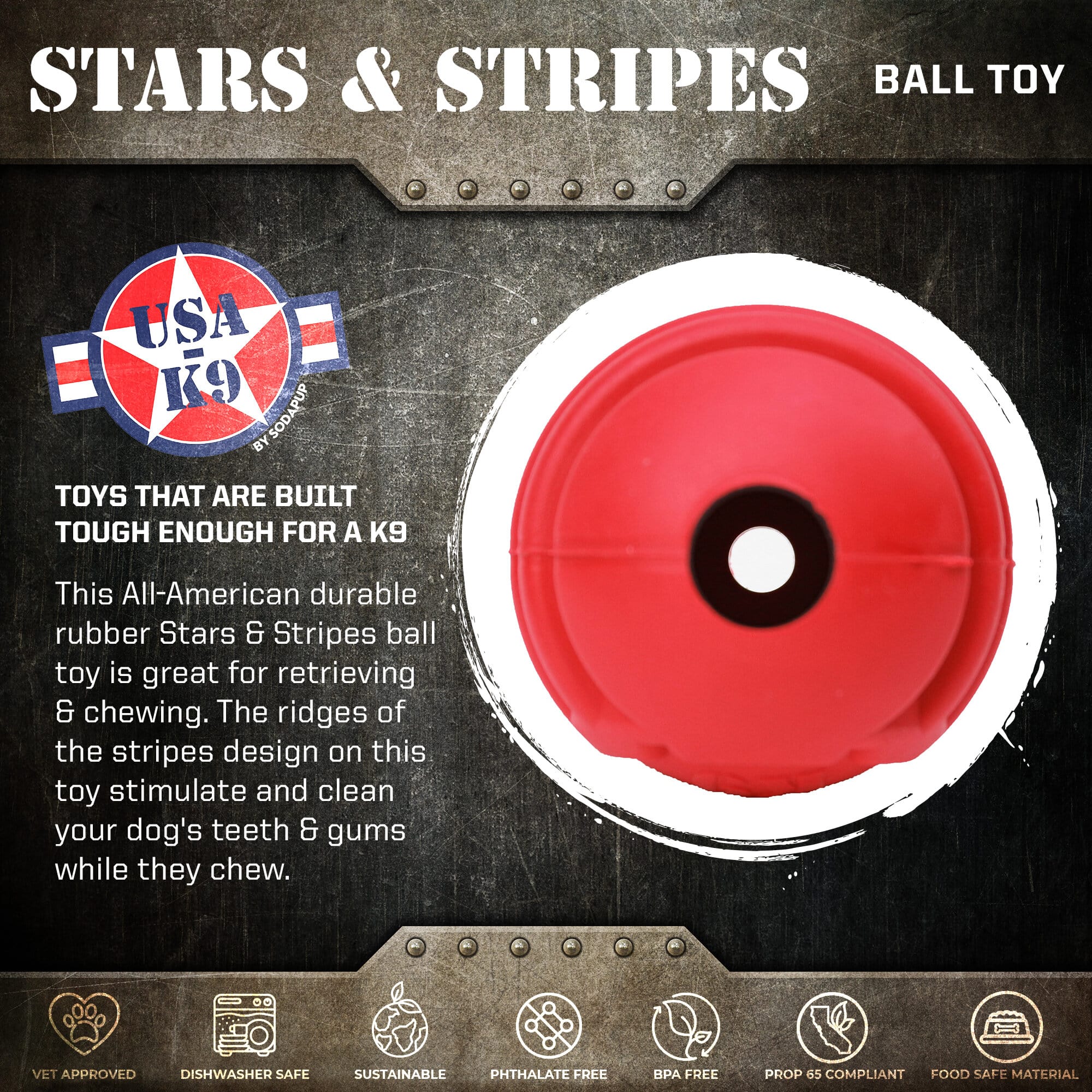 USA-K9 Stars and Stripes Rubber Dog Toy | K9 Handler Reward Toy | Red | USA Made - Elite Pet Collective
