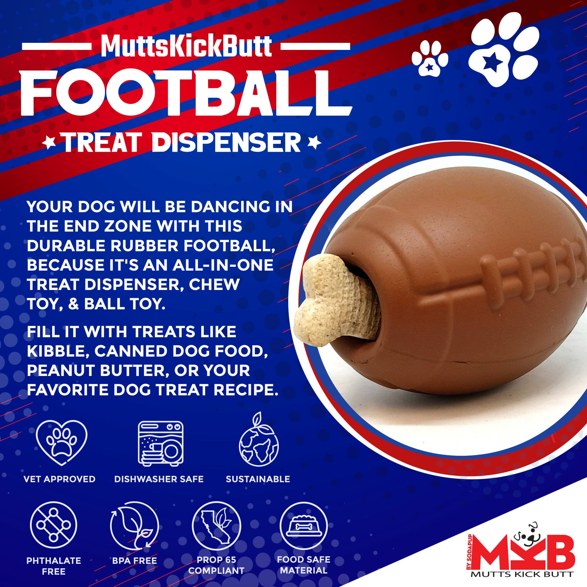Football Dog Chew Toy & Treat Dispenser - USA Made | SodaPup - Elite Pet Collective