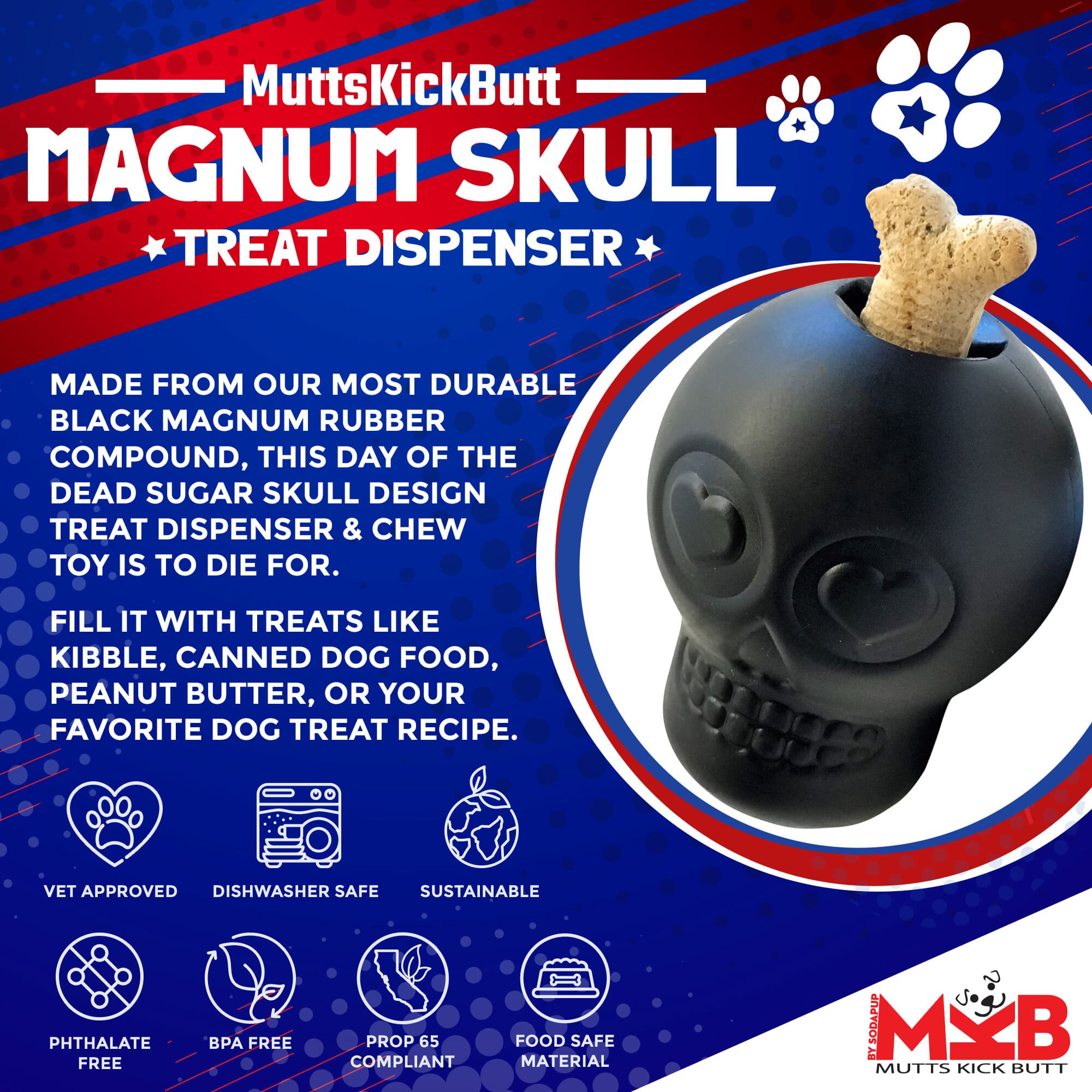 Magnum Sugar Skull Dog Chew Toy & Treat Dispenser - USA Made | SodaPup - Elite Pet Collective