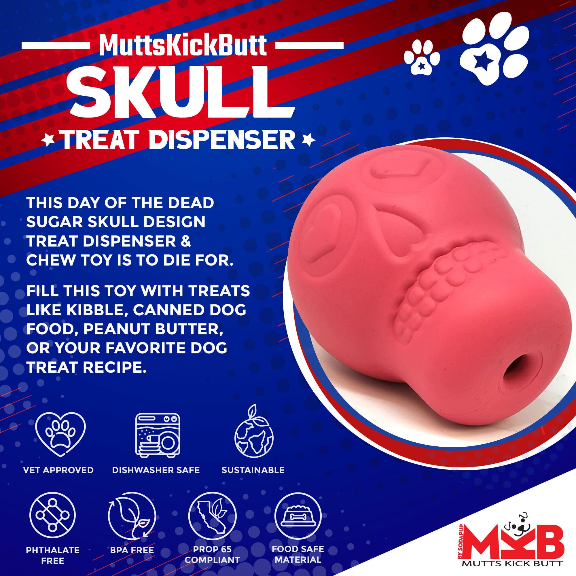 Sugar Skull Dog Chew Toy & Treat Dispenser - USA Made | SodaPup - Elite Pet Collective