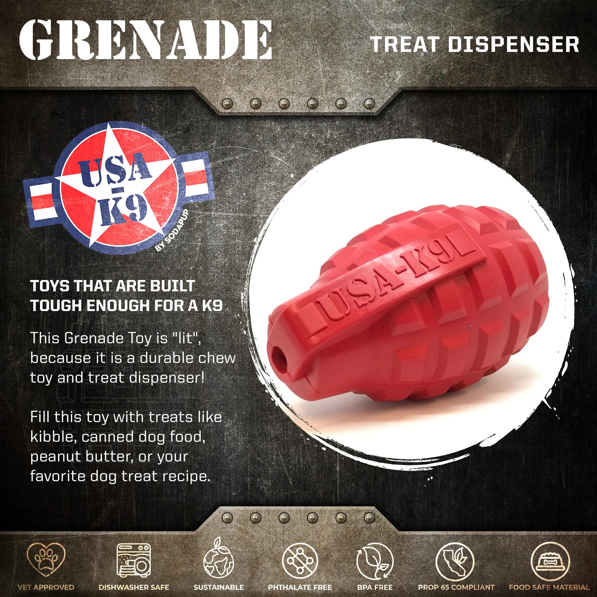 USA-K9 Grenade Shaped eDispenser Durable Dog Chew Toy & Treat Dispenser - Magnum Black - Elite Pet Collective