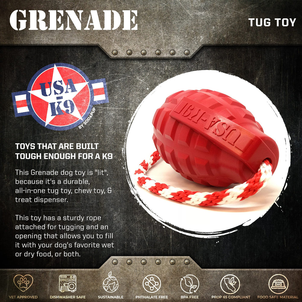USA-K9 Grenade Shaped Rubber Dog Toy - Chew, Treat Dispenser & Tug Toy | USA - Army Green - Elite Pet Collective