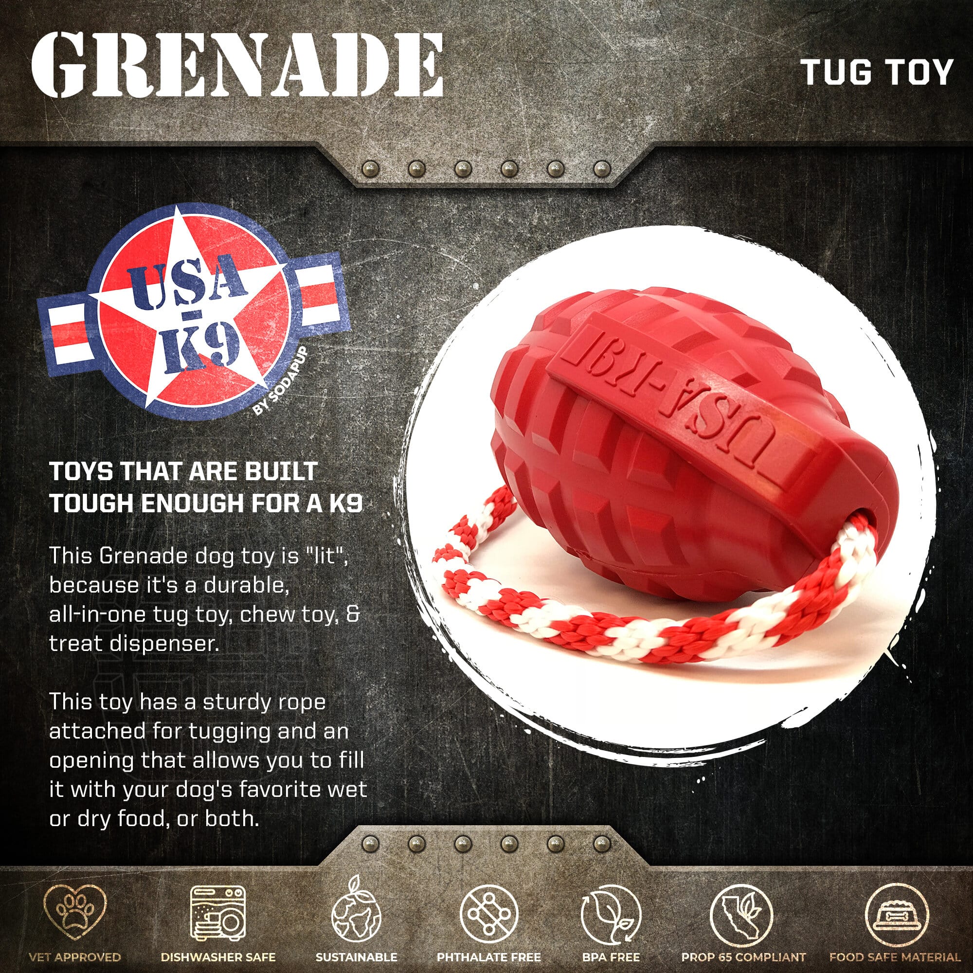 USA-K9 Grenade Shaped Rubber Dog Toy - Chew, Treat Dispenser & Tug Toy | USA - Army Green - Elite Pet Collective