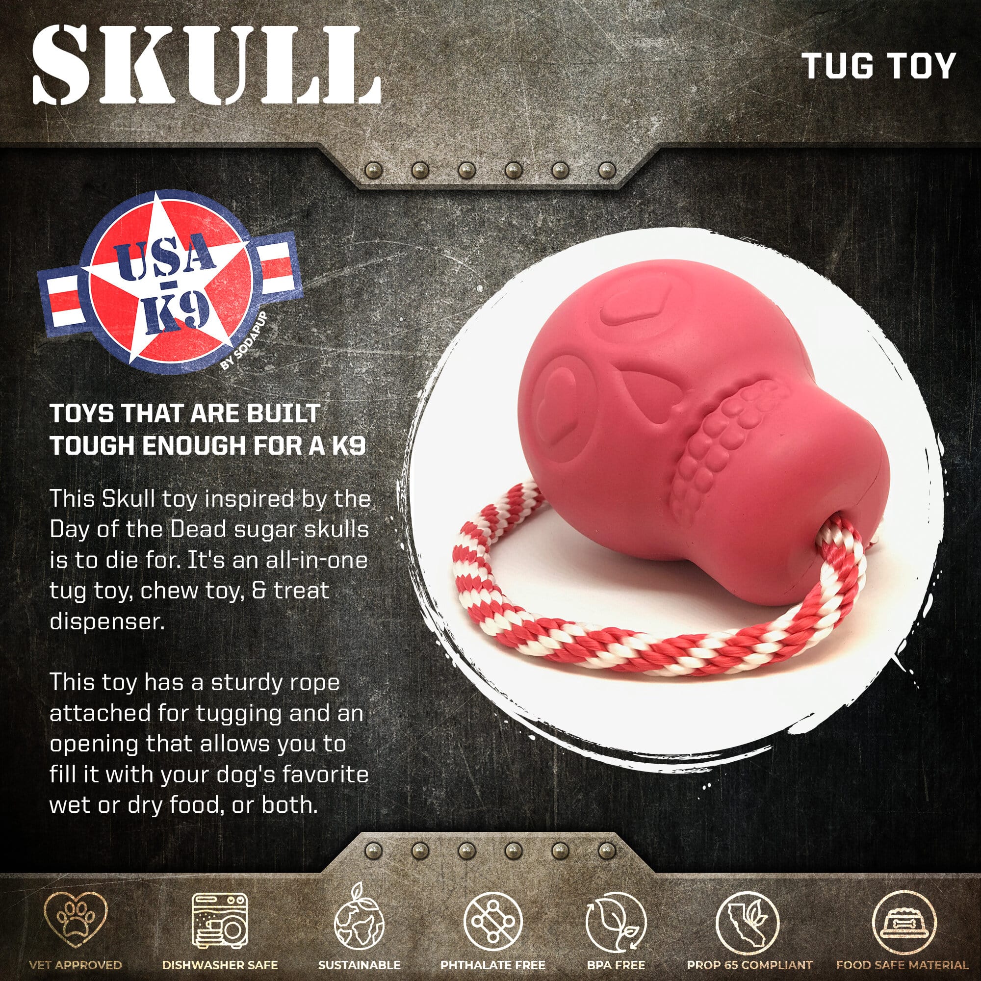 USA-K9 Skull Dog Chew Toy & Treat Dispenser - Made in USA | SodaPup - Elite Pet Collective