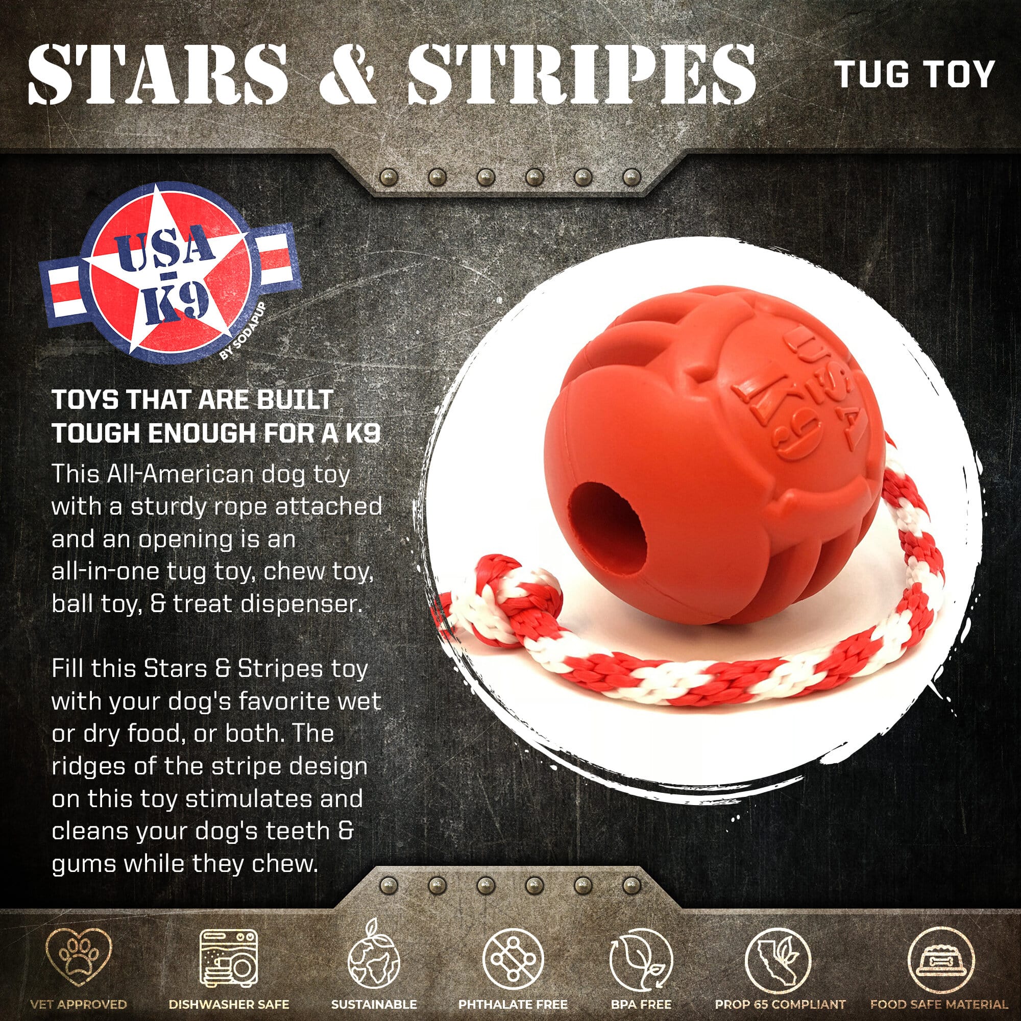 USA-K9 Stars and Stripes Rubber Dog Toy | K9 Handler Reward Toy | Red | USA Made - Elite Pet Collective