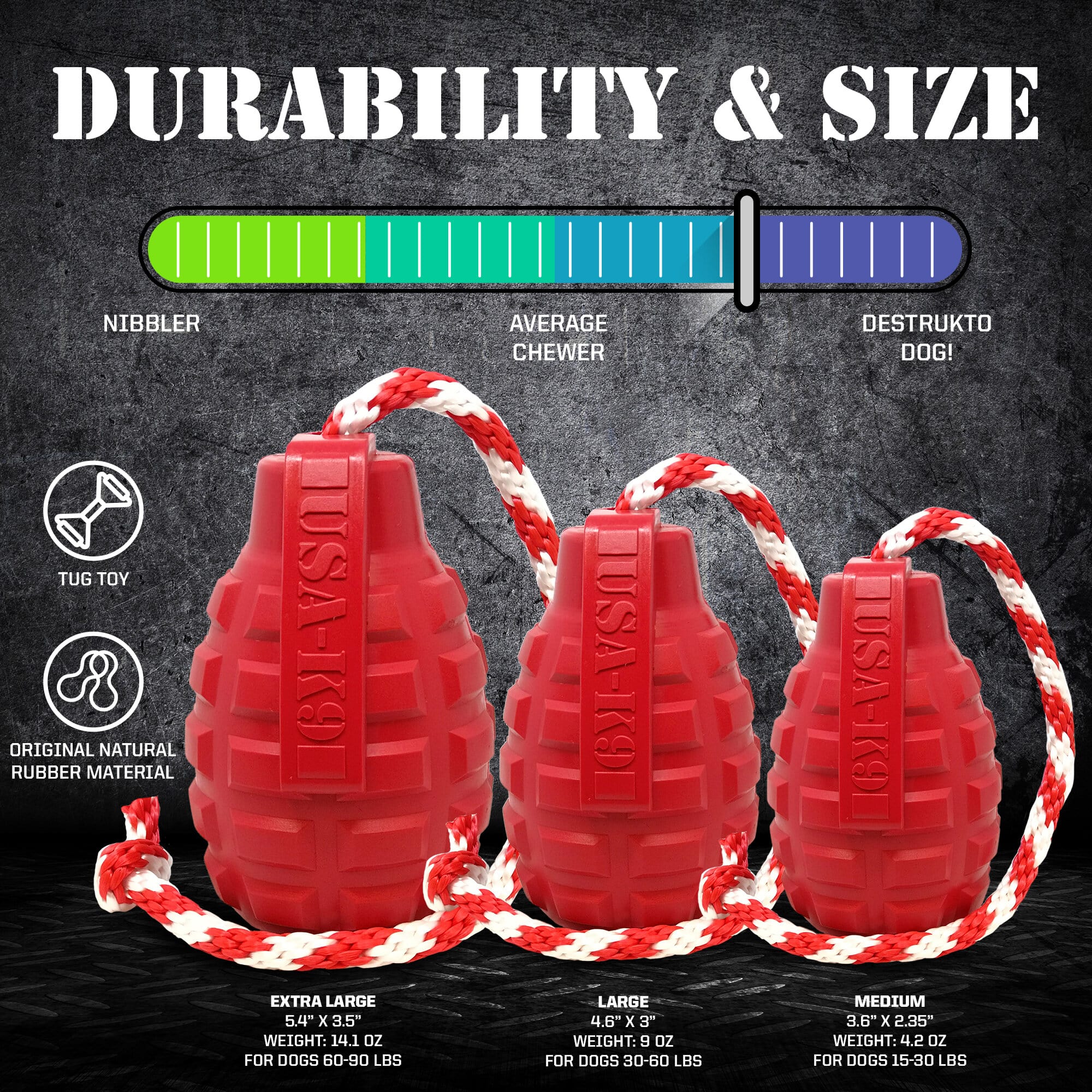 USA-K9 Grenade Shaped Rubber Dog Toy - Chew, Treat Dispenser & Tug Toy | USA - Army Green - Elite Pet Collective