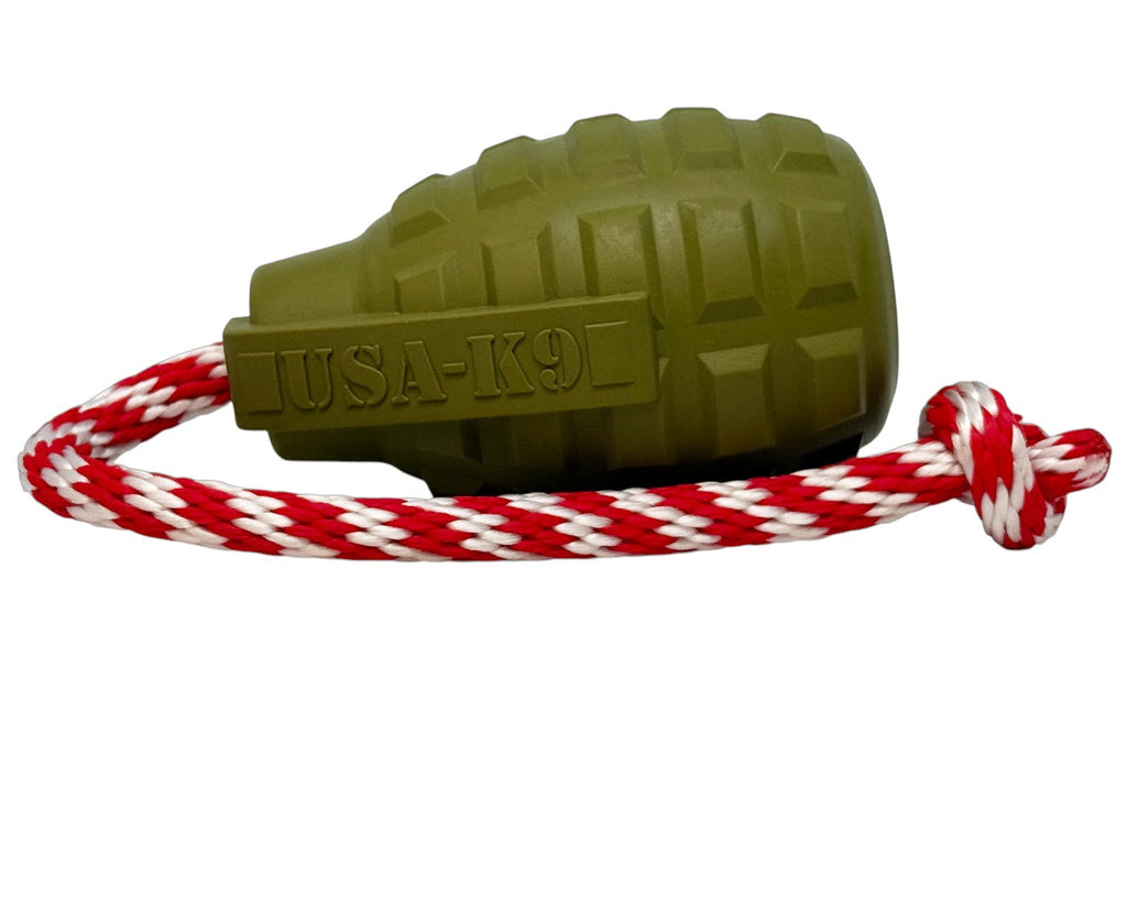 USA-K9 Grenade Shaped Rubber Dog Toy - Chew, Treat Dispenser & Tug Toy | USA - Army Green - Elite Pet Collective