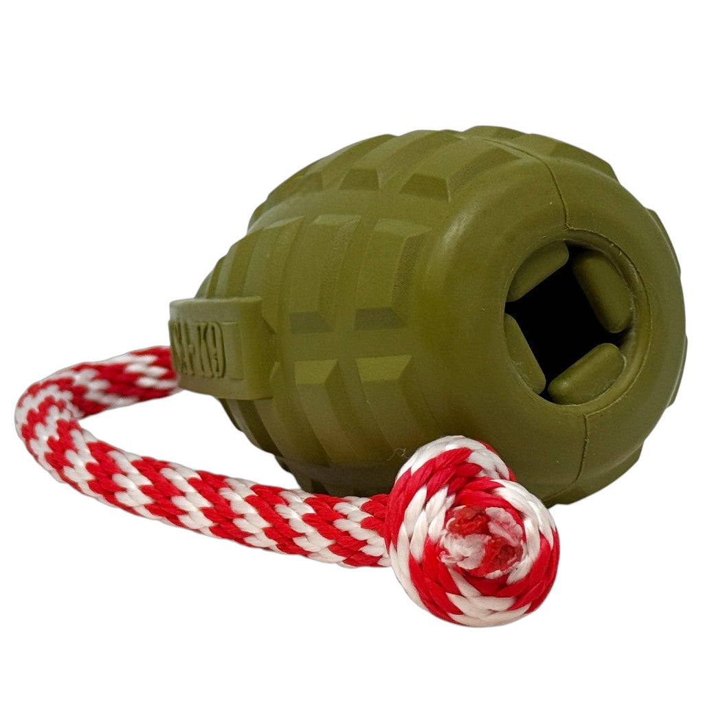 USA-K9 Grenade Shaped Rubber Dog Toy - Chew, Treat Dispenser & Tug Toy | USA - Army Green - Elite Pet Collective