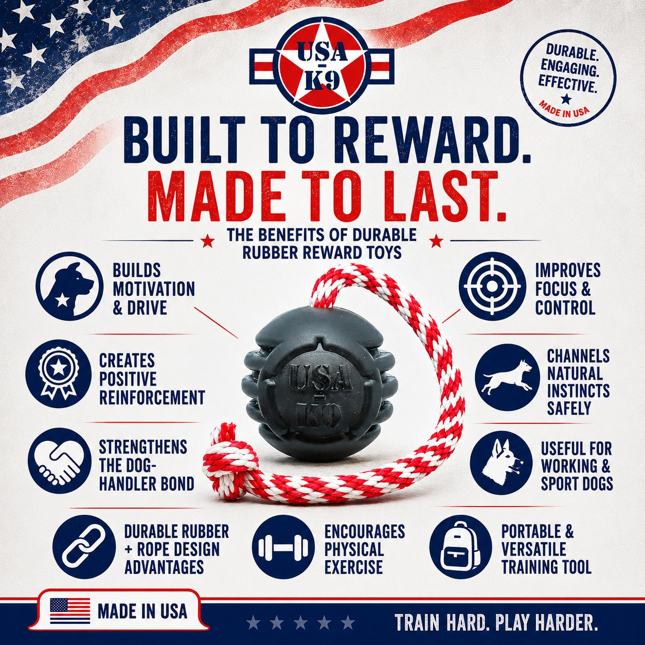 USA-K9 Magnum Stars and Stripes Rubber Dog Toy | K9 Handler Reward Toy | USA Made - Elite Pet Collective