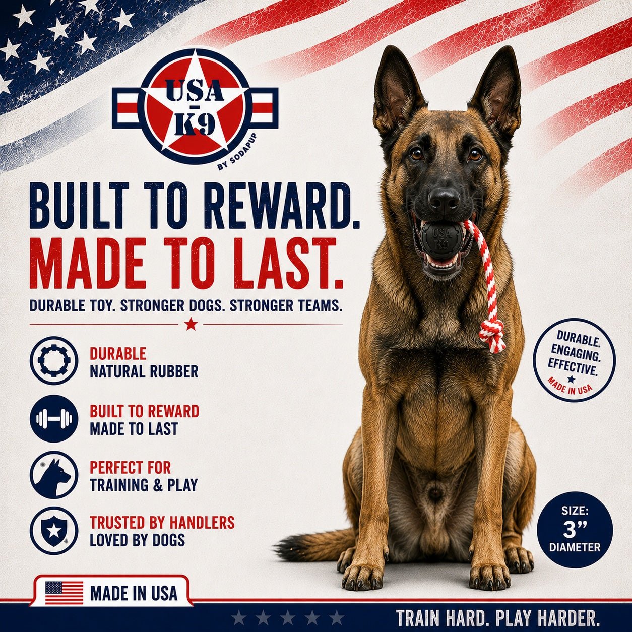 USA-K9 Magnum Stars and Stripes Rubber Dog Toy | K9 Handler Reward Toy | USA Made - Elite Pet Collective