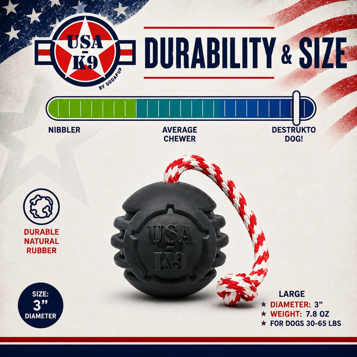 USA-K9 Magnum Stars and Stripes Rubber Dog Toy | K9 Handler Reward Toy | USA Made - Elite Pet Collective