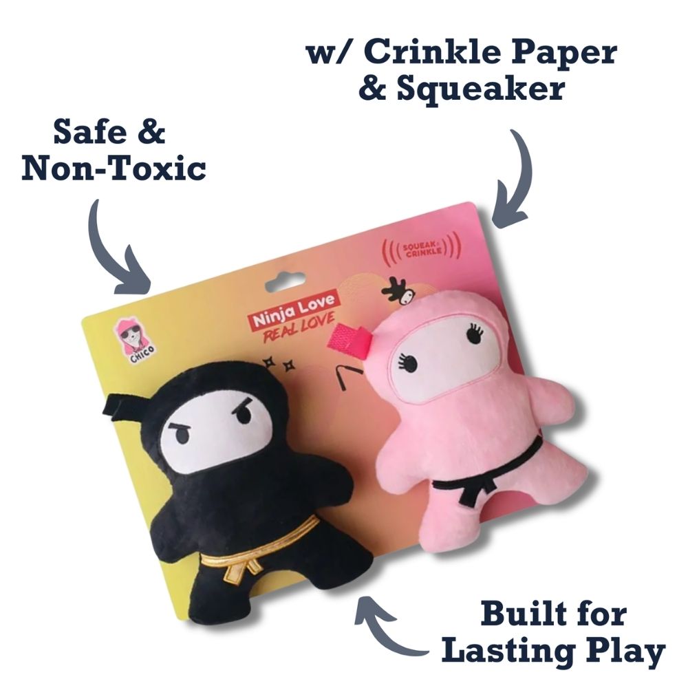 Pink & Black Ninja Love Plush Dog Toy Gift Set – with Squeaker & Crinkle Paper for Fun Play - Elite Pet Collective