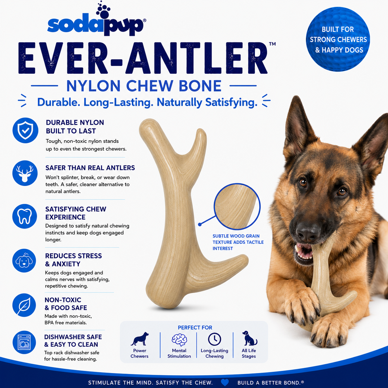 Ever Antler Nylon Chew Bone | Elk Antler Shaped Dog Toy for Aggressive Chewers | SodaPup - Elite Pet Collective