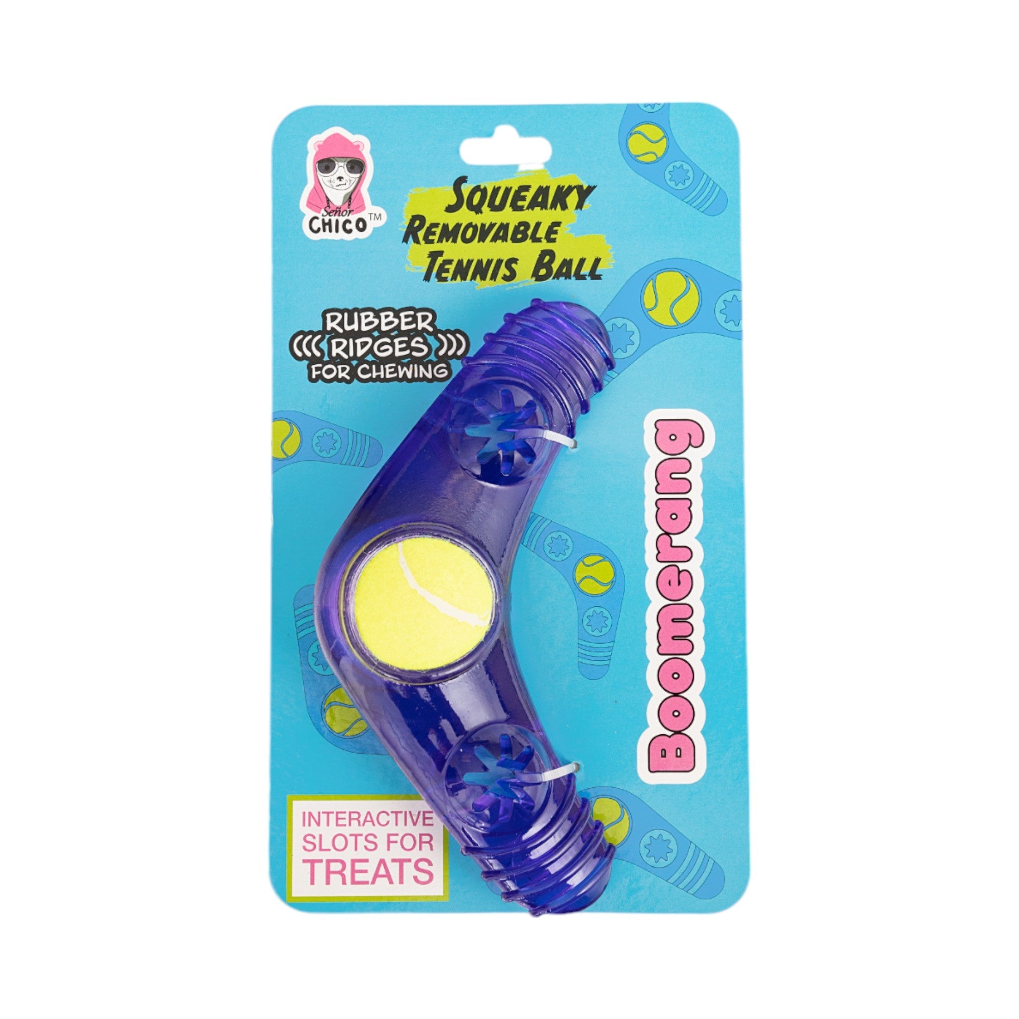 TPR Boomerang Dog Chew Toy with Removable Squeaker Tennis Ball & Treat Fill - Elite Pet Collective