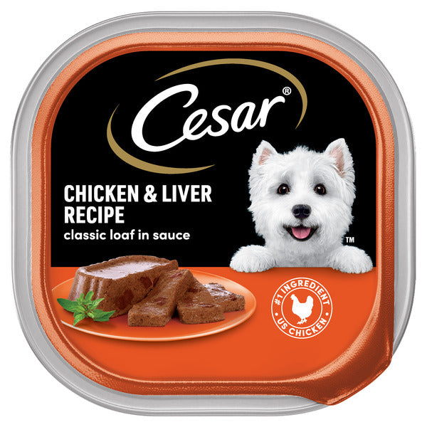 Cesar Loaf in Sauce Adult Wet Dog Food Chicken and Liver Recipe, 3.5 oz. Tray - Elite Pet Collective