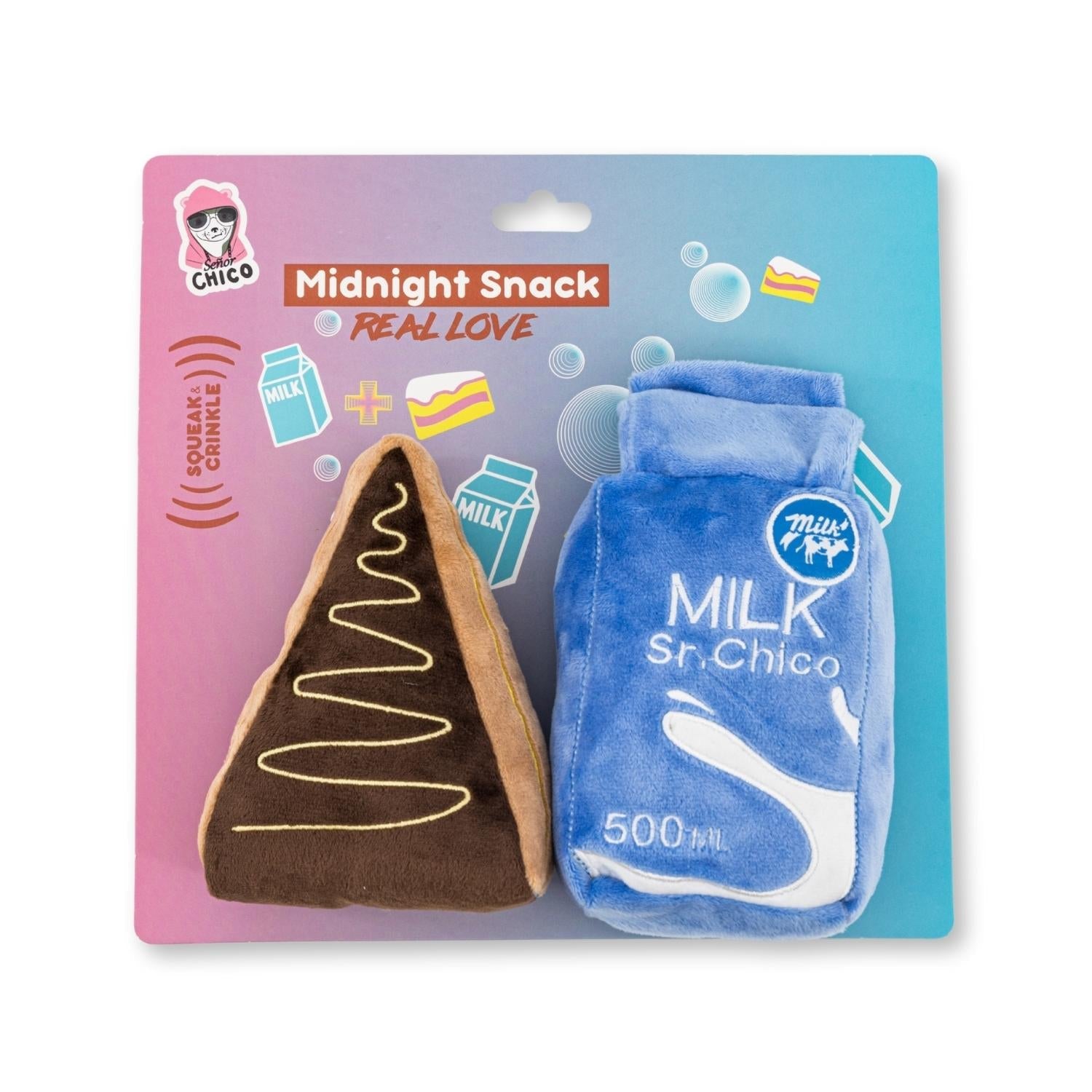 Cake Slice & Milk Midnight Snack Plush Dog Toy Gift Set – with Squeaker & Crinkle Paper - Elite Pet Collective