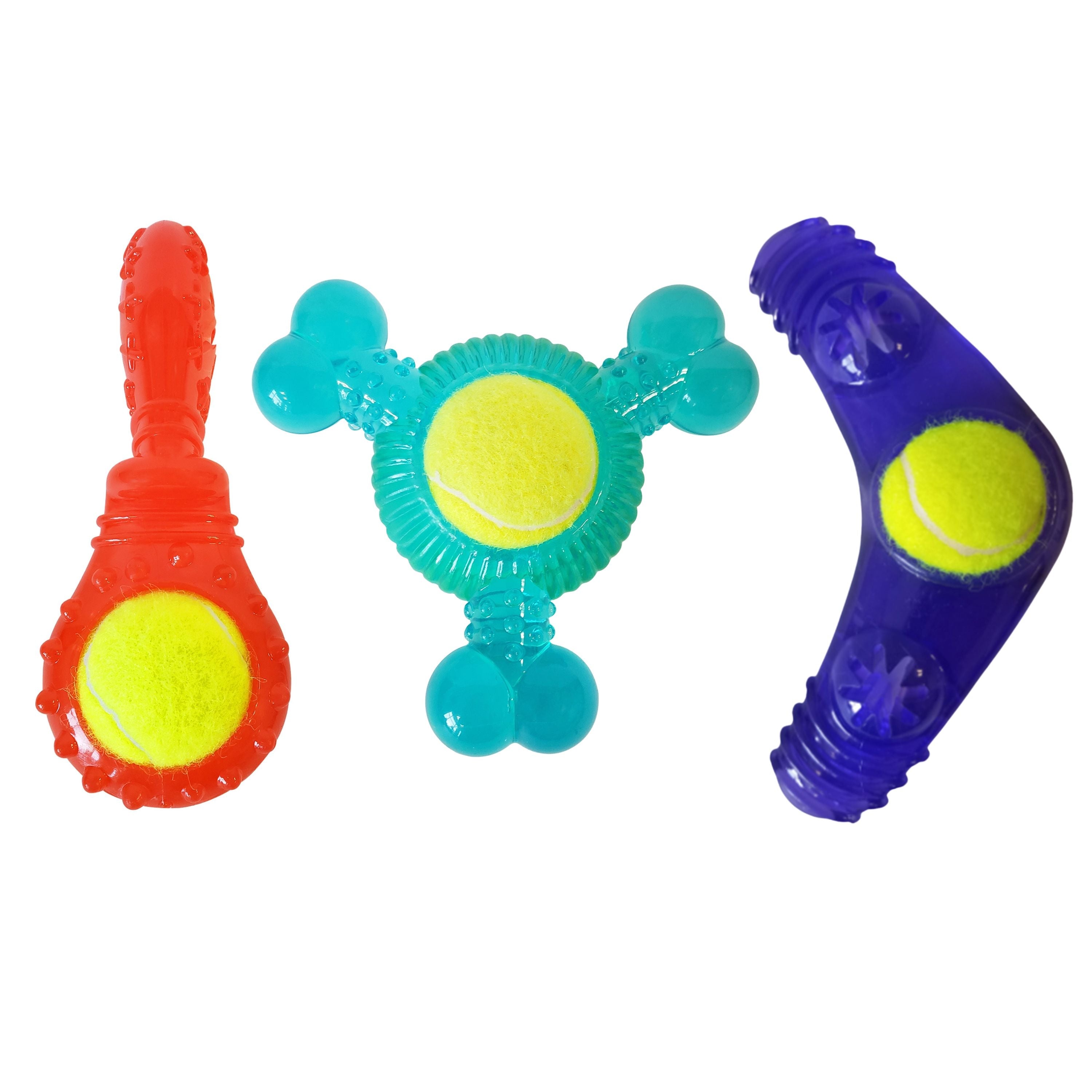 Tennis Ball Dog Toy Variety Pack (Boomerang, 3-Bone Squeaker, Orange Squeaker) - Elite Pet Collective
