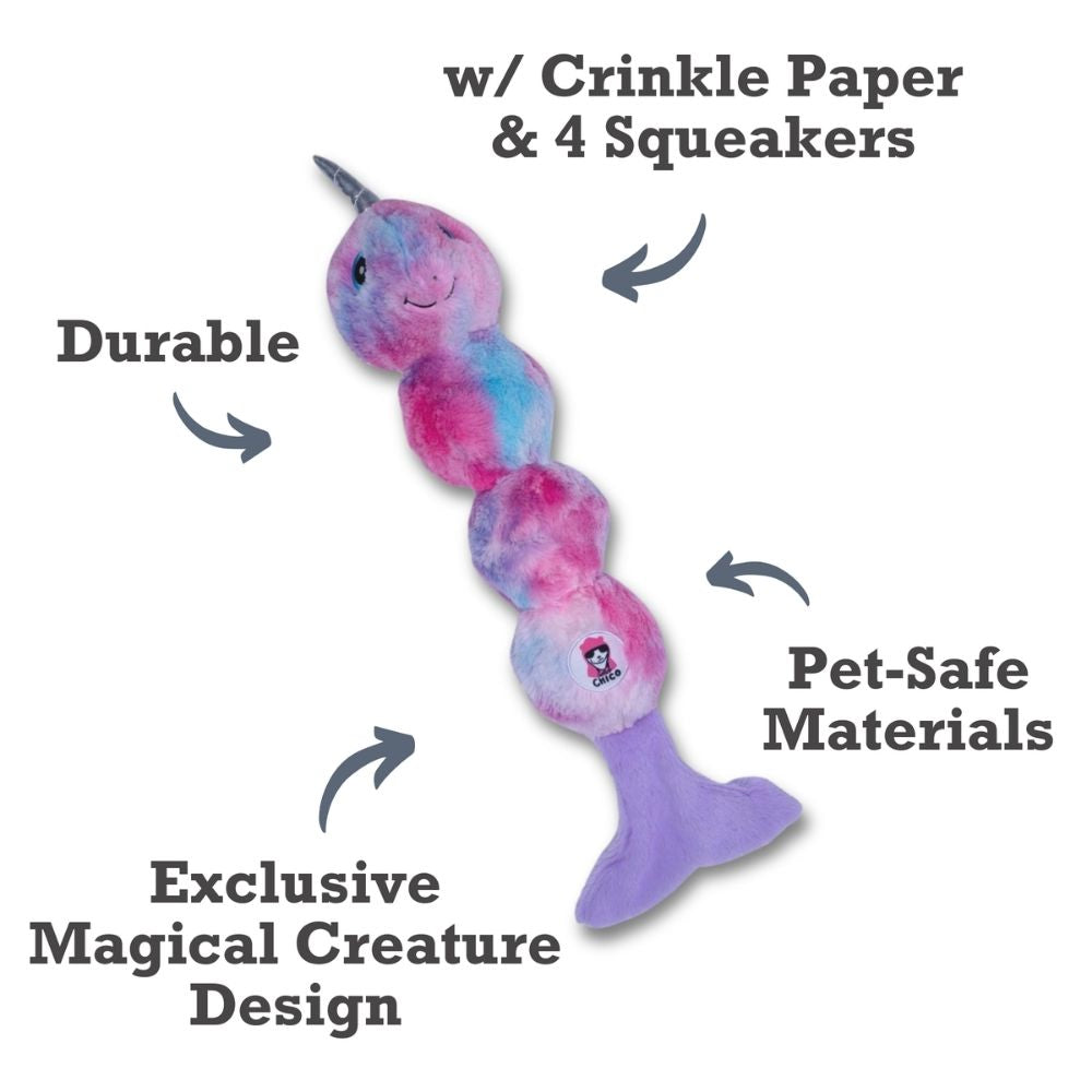 Tie Dye Skinny Narwhal Magical Creature Plush Dog Toy – with Squeaker & Crinkle Paper for Fun Play - Elite Pet Collective