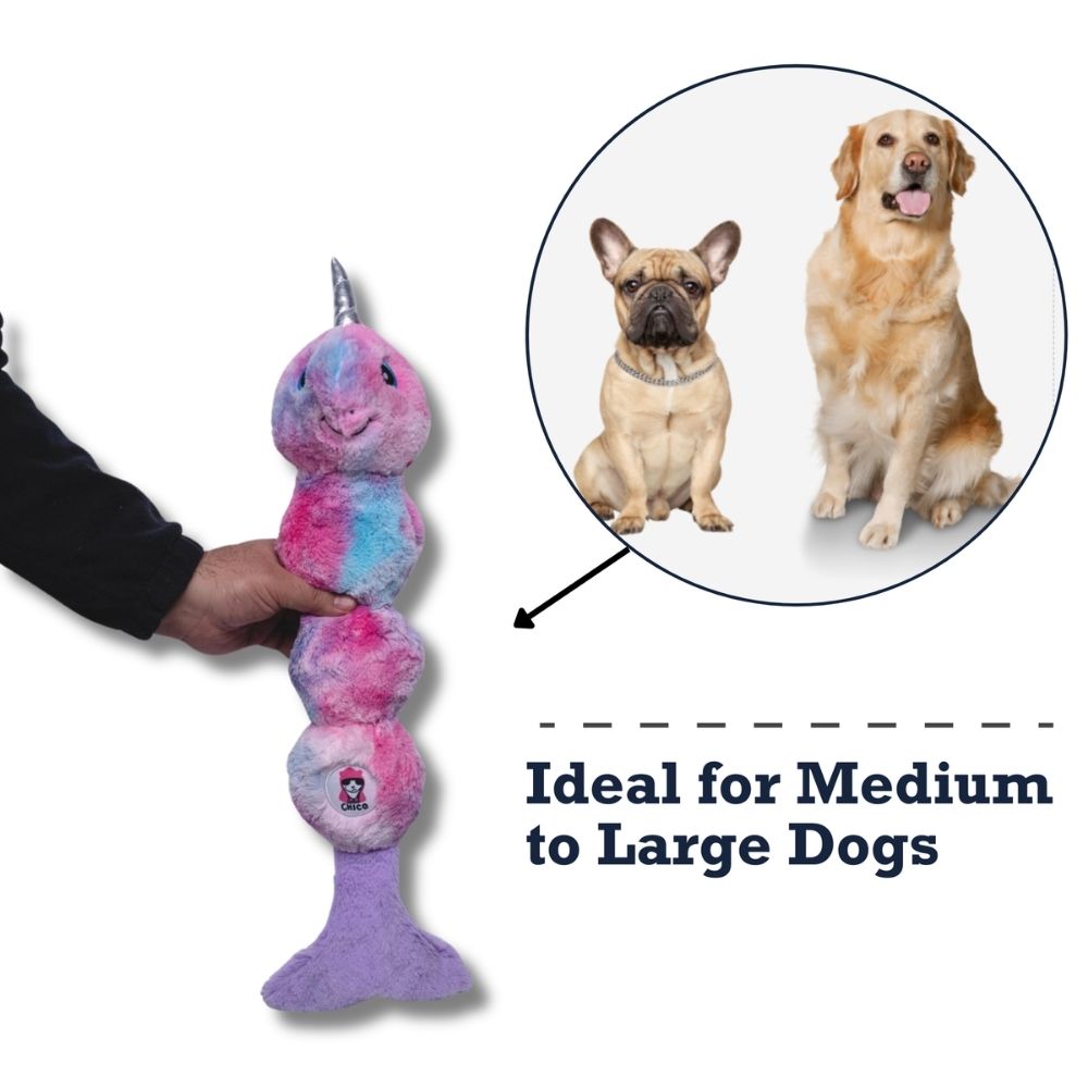 Tie Dye Skinny Narwhal Magical Creature Plush Dog Toy – with Squeaker & Crinkle Paper for Fun Play - Elite Pet Collective